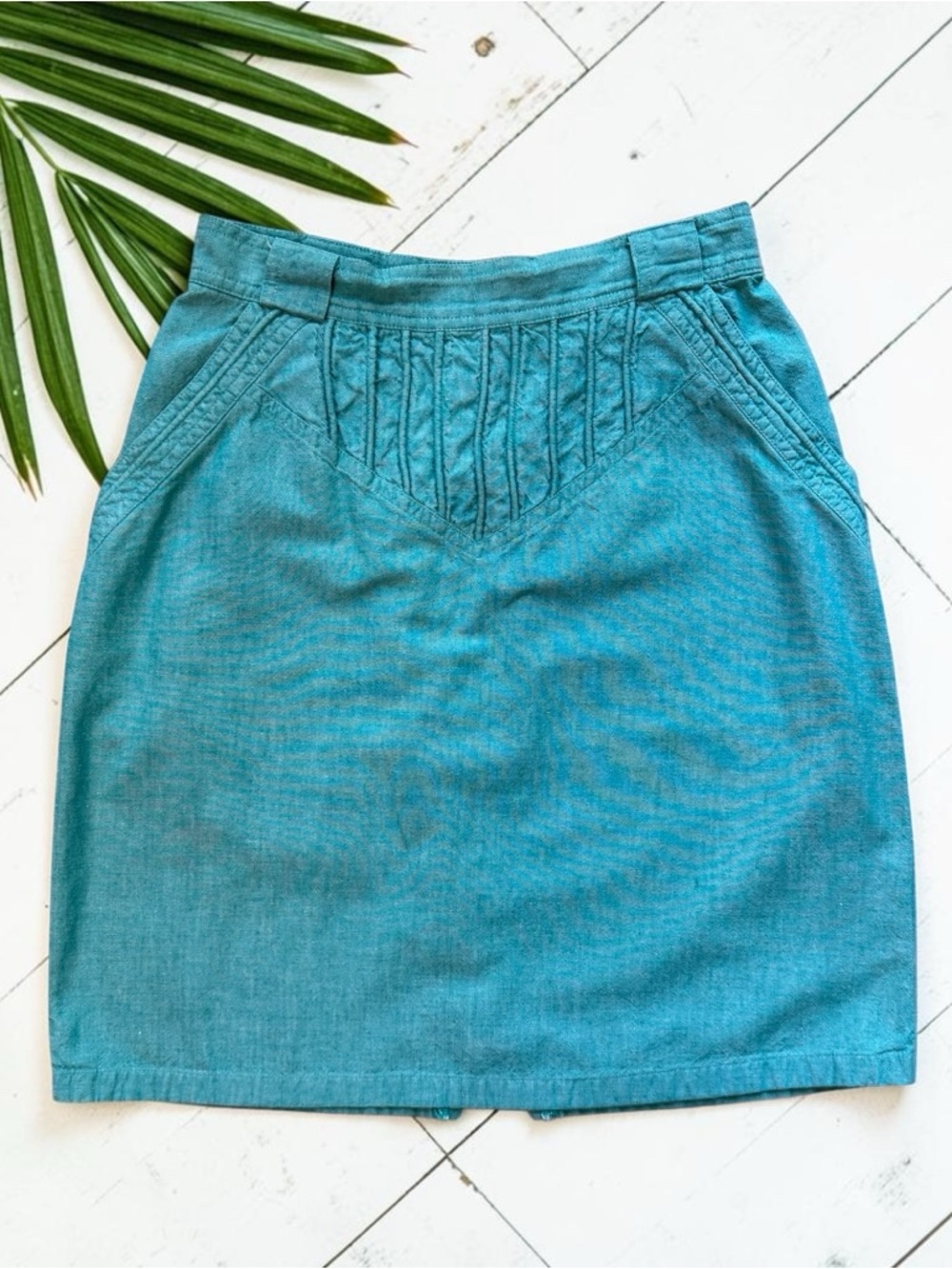 Vintage 80s Teal Cotton High Waist Skirt Made in Taiwan Retro Pleated XS